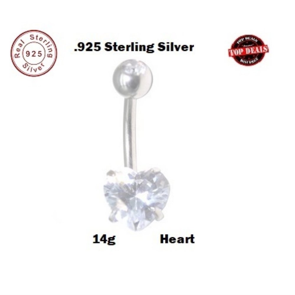 Navel ~ .925 Sterling Silver CZ 5mm Solitaire HEART Belly Ring